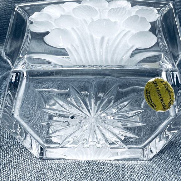 Bowl Vase Lead Crystal Frosted Tulips Art Glass Boho Clear Home Decor VTG Glam - Picture 9 of 11